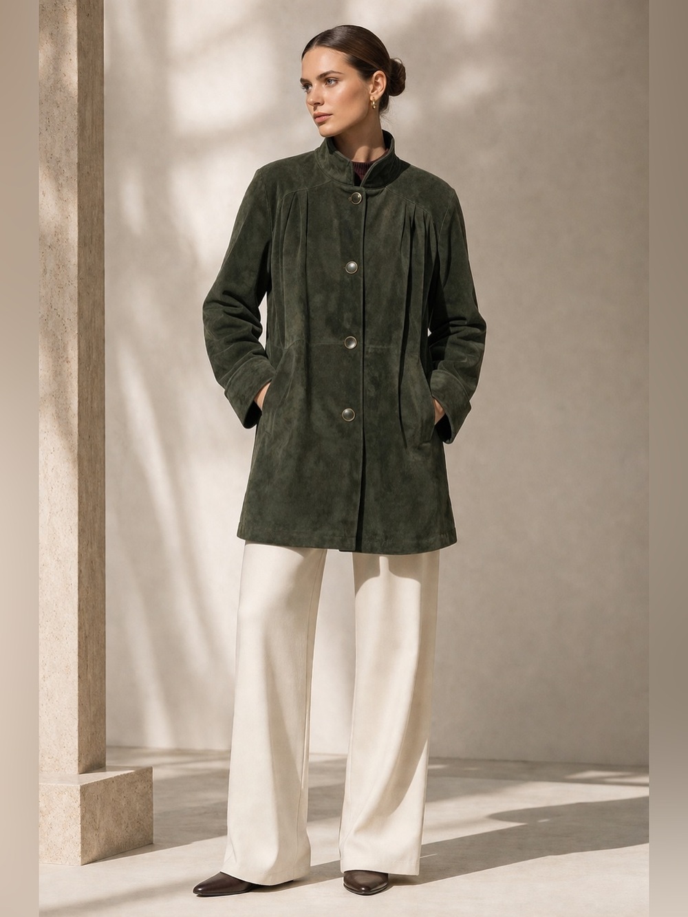 Danier Suede Coat Leather Buttons Oversized Moss Green Luxe